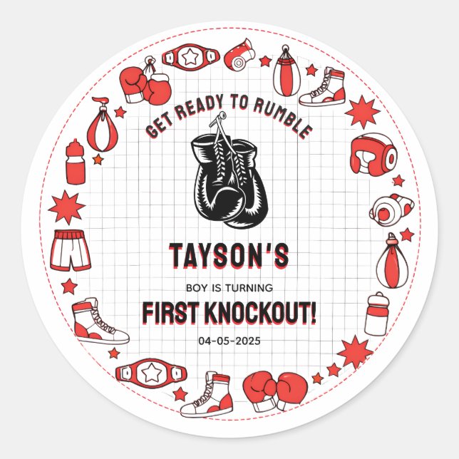 First Knockout Boxing 1st Birthday – Fun Kids  Classic Round Sticker (Front)