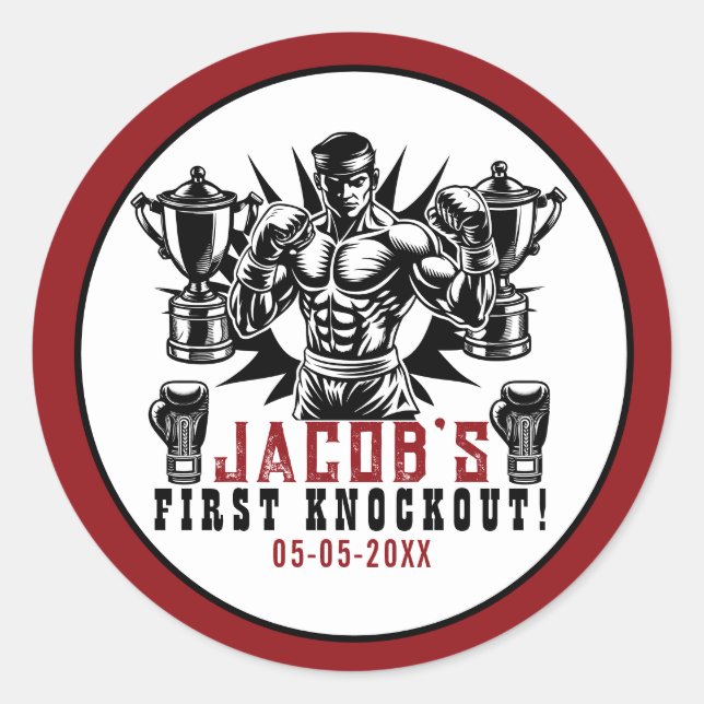 First Knockout Boxing Birthday Party Classic Round Sticker (Front)