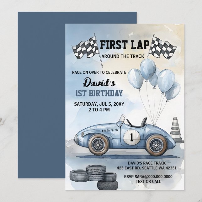 First Lap Around the Track Blue Race Car Birthday  Invitation (Front/Back)