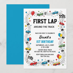 First Lap Around the Track Blue Race Car Birthday  Invitation