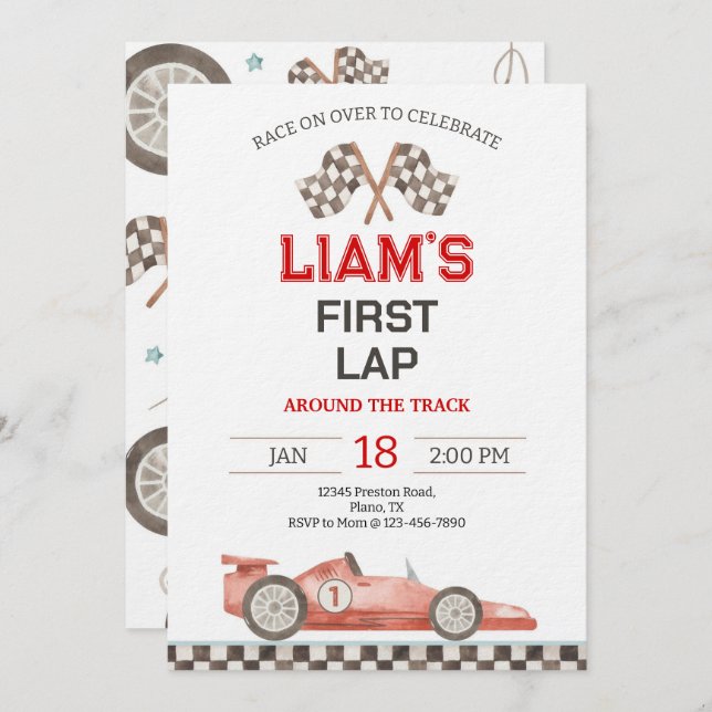 First Lap Around The Track Race Car 1st Birthday Invitation (Front/Back)