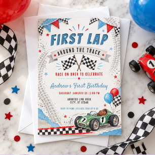 First Lap Around The Track Race Car 1st Birthday Invitation