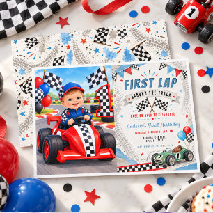 First Lap Around The Track Race Car 1st Birthday Invitation