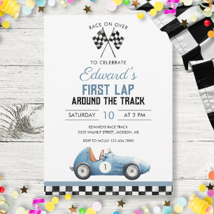 First Lap Blue Race Car 1st Birthday Invitation