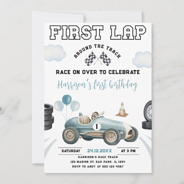 First Lap Race Car Around The Track 1st Birthday Invitation (Front)