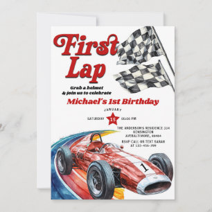 First Lap Vintage Red Race Car 1st Birthday Party Invitation