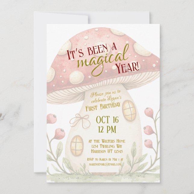 First Magical Mushroom Birthday Invitation (Front)
