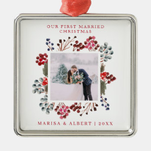 First Married Christmas Berries Photo Metal Tree Decoration