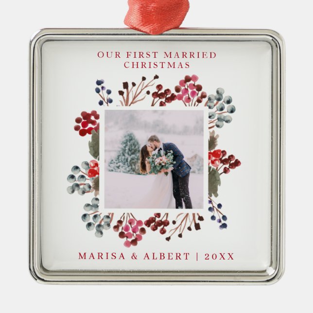 First Married Christmas Berries Photo Metal Tree Decoration (Front)