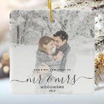 First Married Christmas Custom Photo Gray Script Ceramic Ornament<br><div class="desc">Commemorate the first Christmas of your marriage with this beautiful modern keepsake ornament. The charcoal gray text reads "Our first Christmas as Mr & Mrs, " with the words "Mr & Mrs" in elegant handwriting script with flourishes before and after. Replace the sample image with your favorite photo, and add...</div>