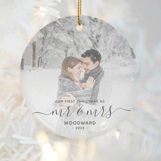 First Married Christmas Custom Photo Gray Script Ceramic Tree Decoration (Creator Uploaded)