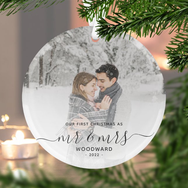 First Married Christmas Custom Photo Gray Script Glass Tree Decoration (Creator Uploaded)