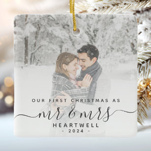 First Married Christmas Custom Photo Grey Script Ceramic Ornament