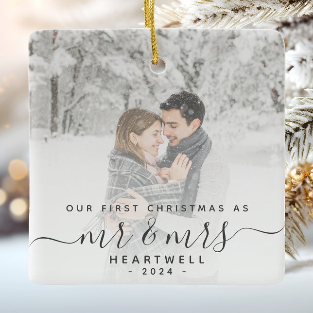 First Married Christmas Custom Photo Grey Script Ceramic Ornament (Creator Uploaded)