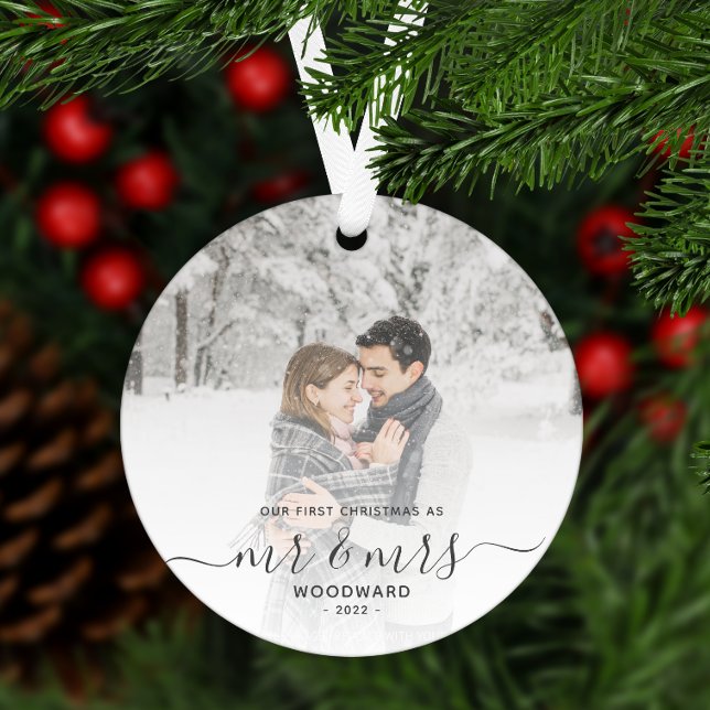 First Married Christmas Custom Photo Grey Script Metal Tree Decoration (Creator Uploaded)