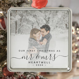 First Married Christmas Custom Photo Grey Script Metal Tree Decoration