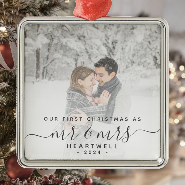 First Married Christmas Custom Photo Grey Script Metal Tree Decoration (Creator Uploaded)