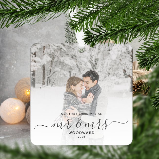 First Married Christmas Custom Photo Grey Script Metal Tree Decoration (Creator Uploaded)