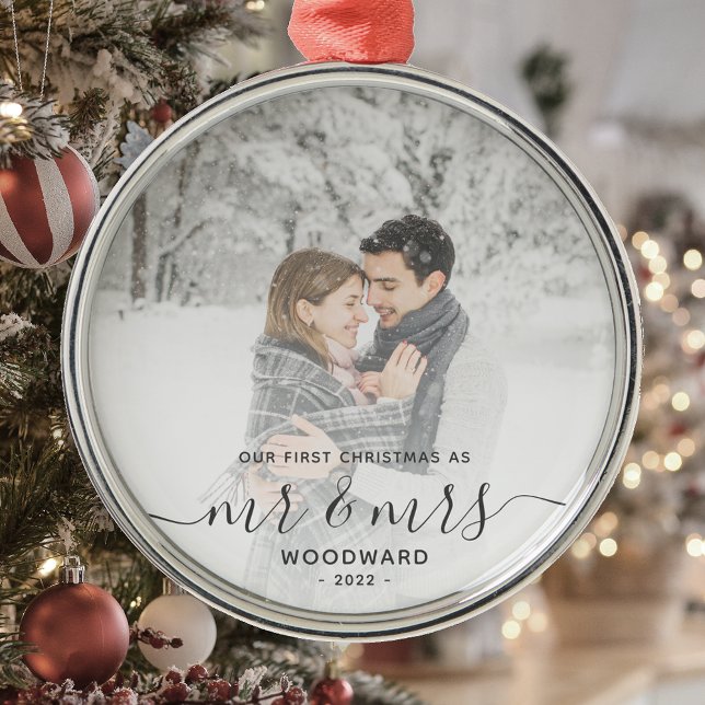 First Married Christmas Custom Photo Grey Script Metal Tree Decoration (Creator Uploaded)