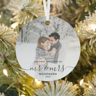 First Married Christmas Custom Photo Grey Script Metal Tree Decoration