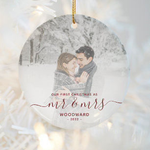 First Married Christmas Custom Photo Red Script Ceramic Tree Decoration