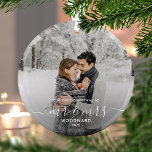 First Married Christmas Custom Photo White Script Glass Tree Decoration<br><div class="desc">Commemorate the first Christmas of your marriage with this beautiful modern keepsake ornament. The white text reads "Our first Christmas as Mr & Mrs, " with the words "Mr & Mrs" in elegant handwriting script with flourishes before and after. Replace the sample image with your favorite photo, and add your...</div>