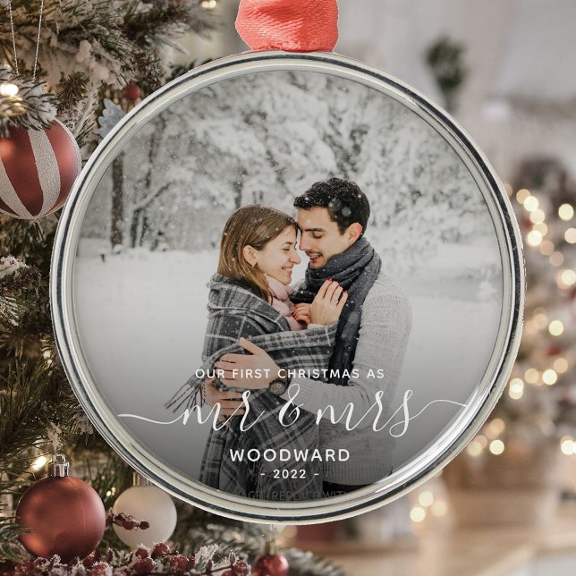 First Married Christmas Custom Photo White Script Metal Tree Decoration (Creator Uploaded)