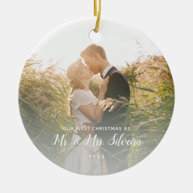 First Married Christmas Mr Mrs Double Sided Photo  Ceramic Tree Decoration (Front)