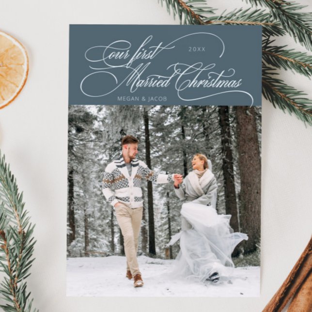 First Married Christmas Newlywed Photo Slate Blue Holiday Card (Creator Uploaded)