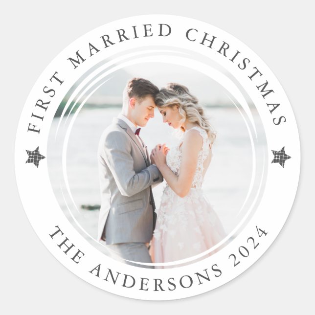 First Married Christmas Photo Classic Round Sticker (Front)