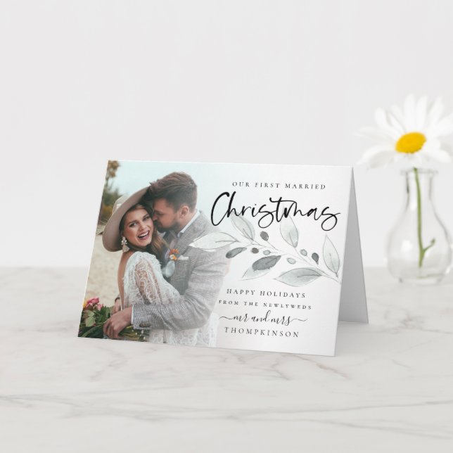 First Married Christmas Photo Foliage Folded  Card (Small Plant)