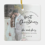 First Married Christmas Photo Names Year Script Ceramic Ornament<br><div class="desc">First Married Christmas Photo Names Year Script. A romantic keepsake to celebrate the special time of your first Christmas as Mr and Mrs and memento in holidays to come. Typography for Christmas and Mr and Mrs is in a set modern script and the rest of the text you can easily...</div>
