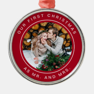 First Married Christmas   Red and White with Photo Metal Tree Decoration