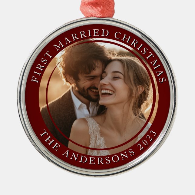 First Married Christmas Red Custom Photo Metal Tree Decoration (Front)