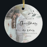First Married Christmas Script Photo Name Year Ceramic Tree Decoration<br><div class="desc">First Married Christmas Script Photo Name Year. A romantic keepsake to celebrate the special time of your first Christmas as Mr and Mrs and memento in holidays to come. Typography for Christmas and Mr and Mrs is in a set modern script and the rest of the text you can easily...</div>