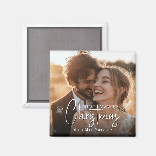 First Married Christmas Wedding Photo Magnet