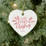 First Married Christmas with Photo Back Red Ceramic Tree Decoration<br><div class="desc">Featuring hand-lettering that says "our first Christmas" accented by hand-drawn winter sprigs and pine.</div>