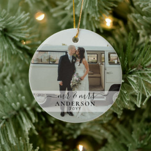 First Married Mr and Mrs Wedding Photo Christmas Ceramic Tree Decoration