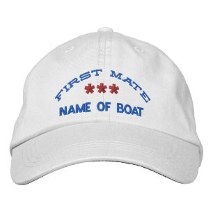 FIRST MATE and BOAT NAME Custom WHITE RED BLUE Embroidered Hat