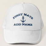First Mate hats with nautical anchor and name<br><div class="desc">First Mate hat with nautical anchor and custom name. Vintage typography template for sailor's companion. Make your own personalised hat for sailing and boating trips. Navy blue ship anchor symbol with grungy text. Cute Birthday gift idea for partner. Make your own for girlfriend, deck crew, team, yacht owner, mum, aunt,...</div>