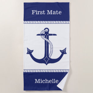 First Mate Nautical Anchor Add Name Beach Towel