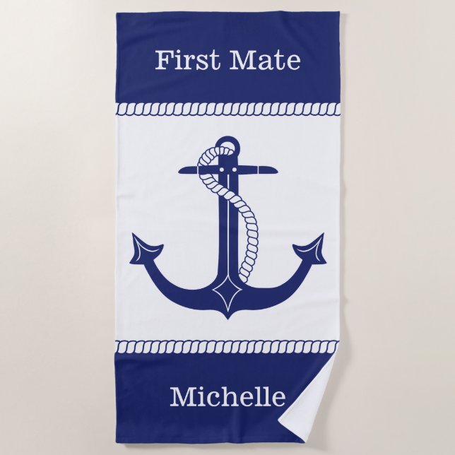 First Mate Nautical Anchor Add Name Beach Towel (Front)