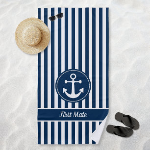 First Mate Nautical Anchor Rope Navy Blue Stripes Beach Towel