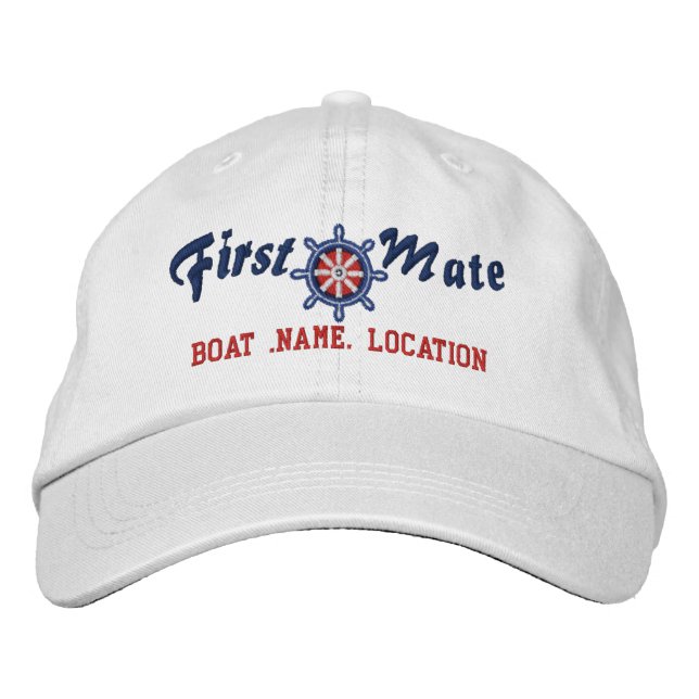 FIRST MATE Wheel Customisable Boat Name Your Name Embroidered Hat (Front)