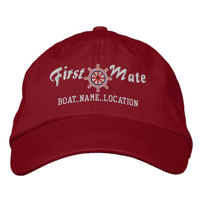 FIRST MATE Wheel Customisable Boat Name Your Name Embroidered Hat (Front)