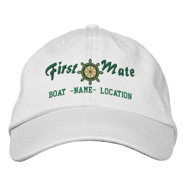 FIRST MATE Wheel Customisable Boat Name Your Name Embroidered Hat (Front)