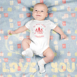 🎄 First Merry Christmas 🌟 Name Cute Red Baby Bodysuit