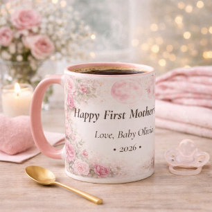 First Mother’s Day Personalized Floral Rose Pink Mug