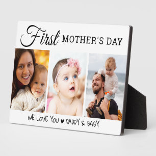 First Mother's Day 3 Photo Collage Black And White Plaque
