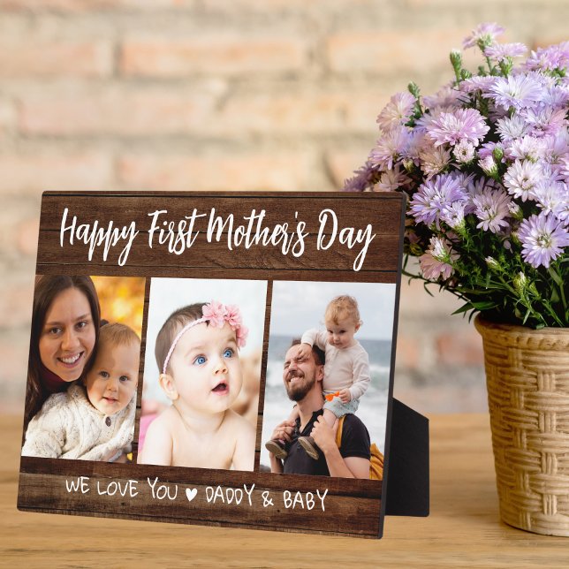 First Mother's Day 3 Photo Collage  Dark Wood Plaque (Creator Uploaded)